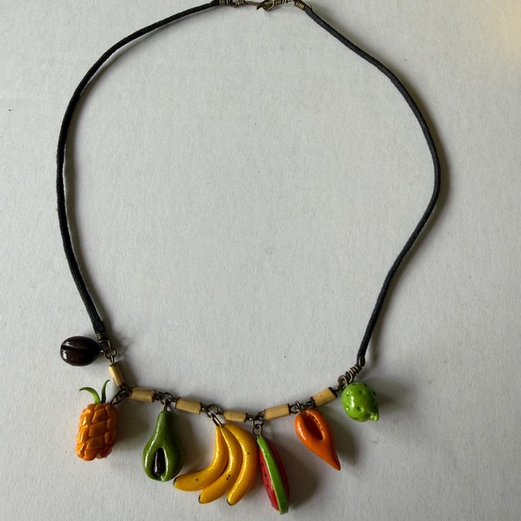 Handmade Jewelry - Handmade Tropical Fruit Charm Necklace Black Cord Artisan Boho 18 Inch